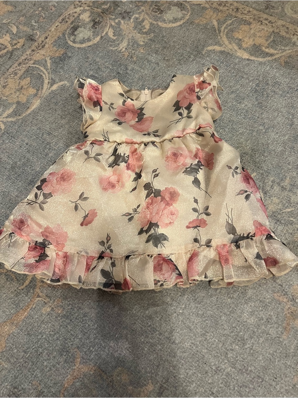 Rare Editions Ivory Floral Dress with Pink Roses